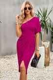 Ruched One-Shoulder Tulip Hem Midi Dress