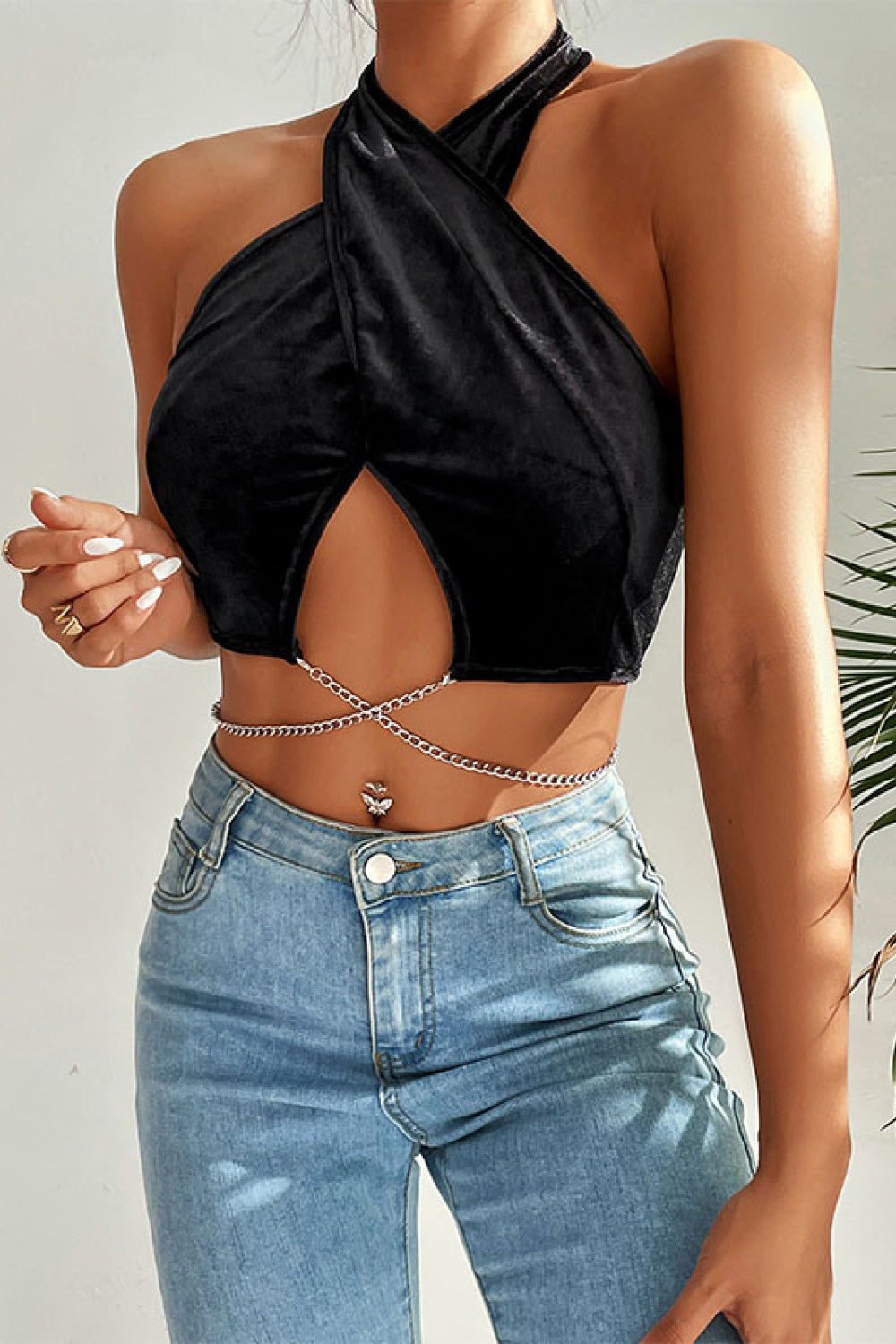 Perfee Chain Detail Halter Neck Velvet Crop Top