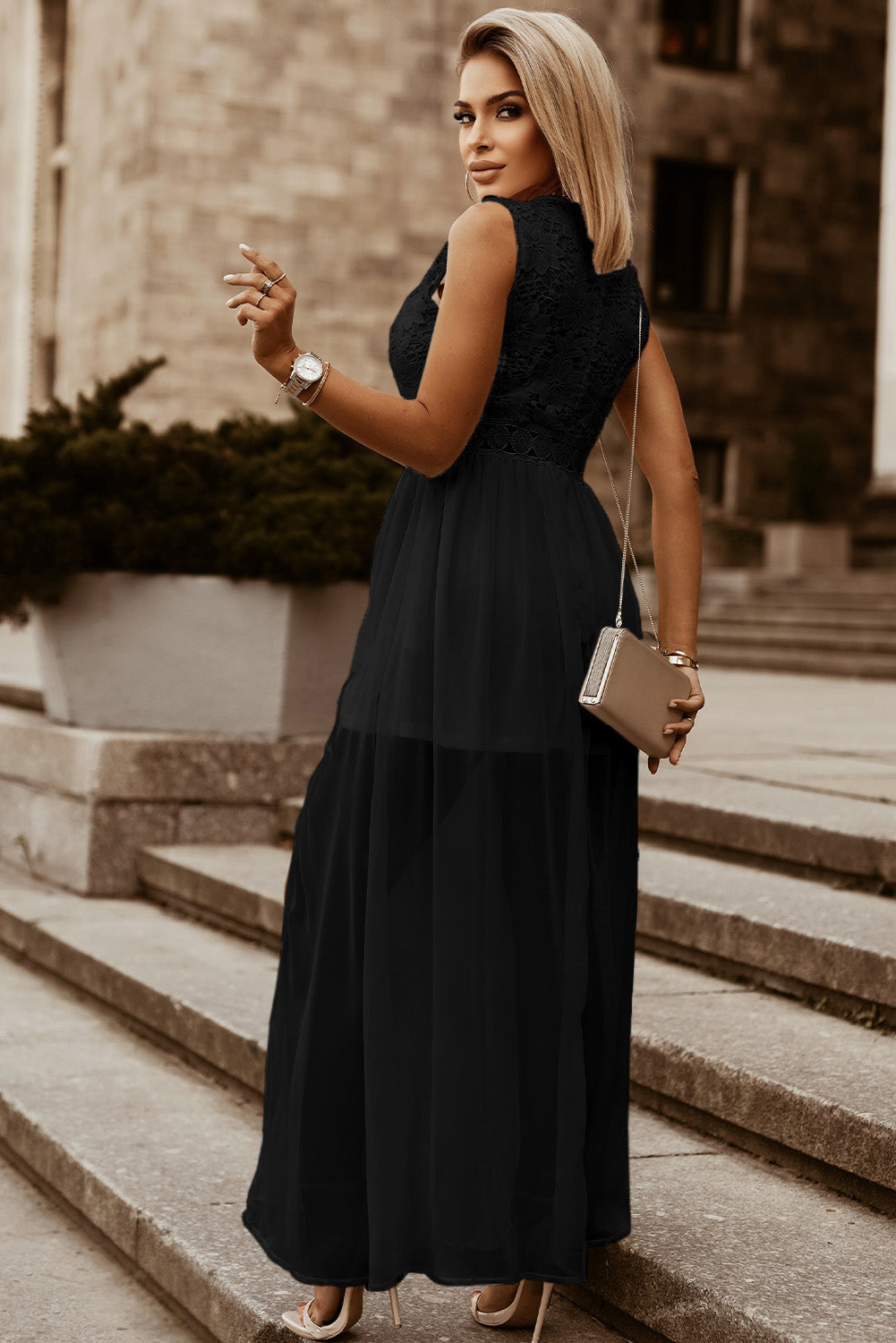 Slit Lace Detail V-Neck Maxi Dress