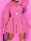 Notched Button Up Balloon Sleeves Mini Dress