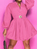 Notched Button Up Balloon Sleeves Mini Dress