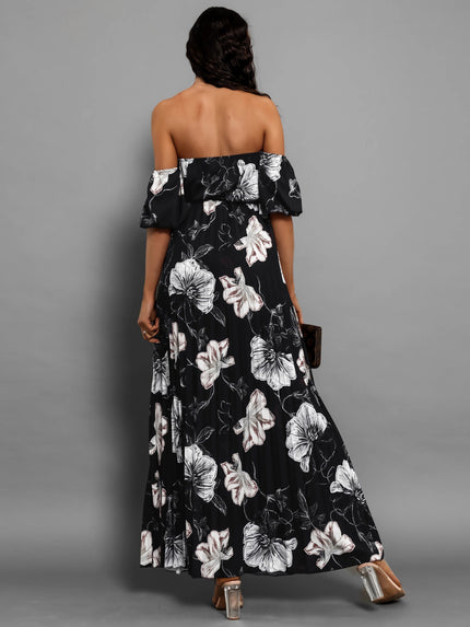 Pleated Floral Off-Shoulder Short Sleeve Maxi Dress