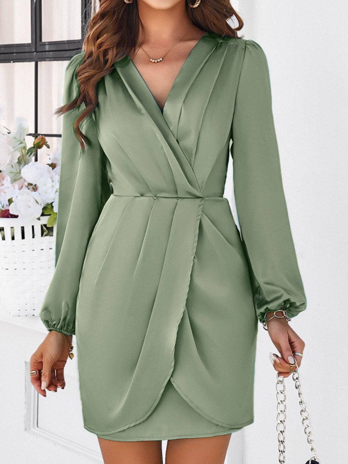 Devine Ruched Surplice Long Sleeve Mini Dress