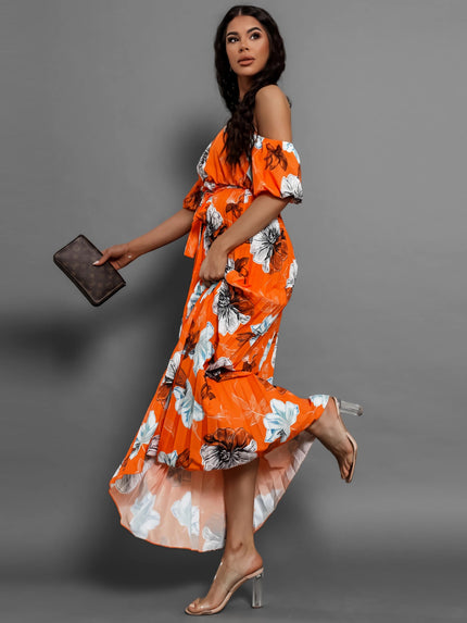 Pleated Floral Off-Shoulder Short Sleeve Maxi Dress