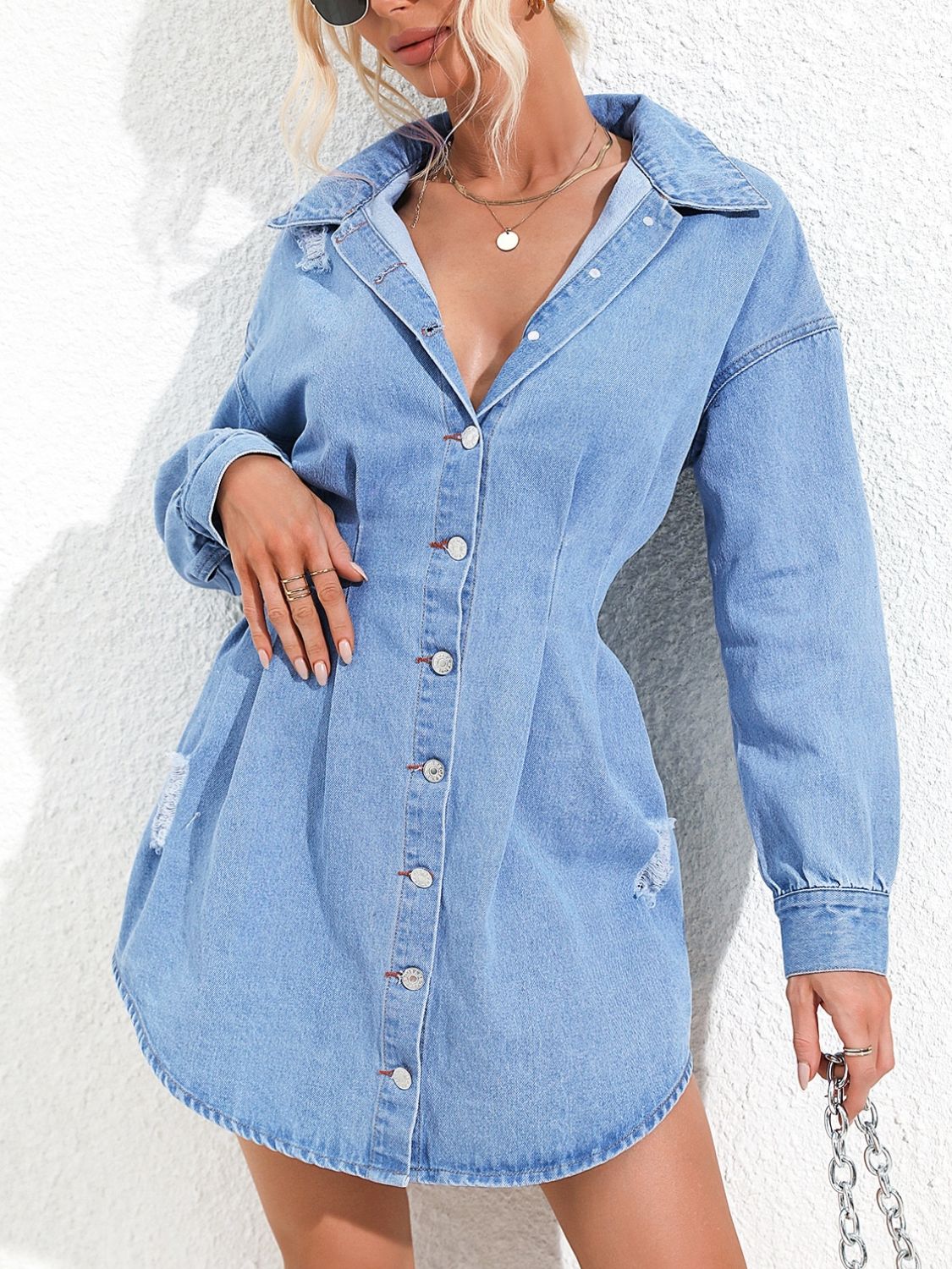 Button-Up Long Sleeve Denim Mini Dress