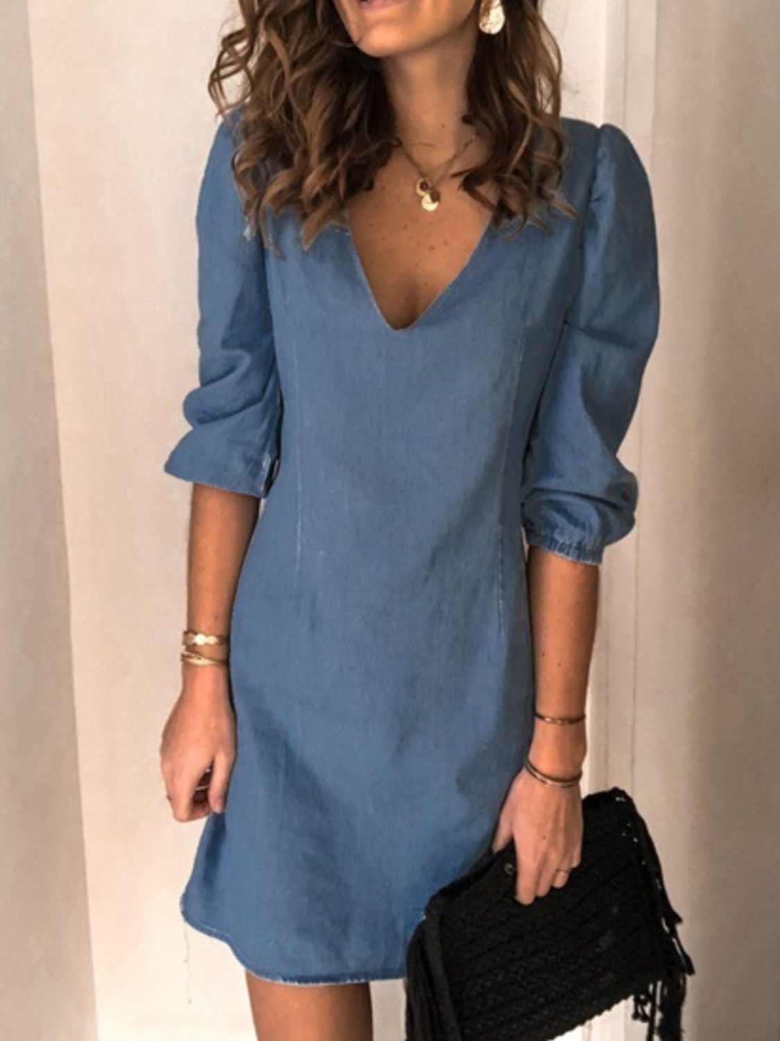 Full Size V-Neck Half Sleeve Mini Dress