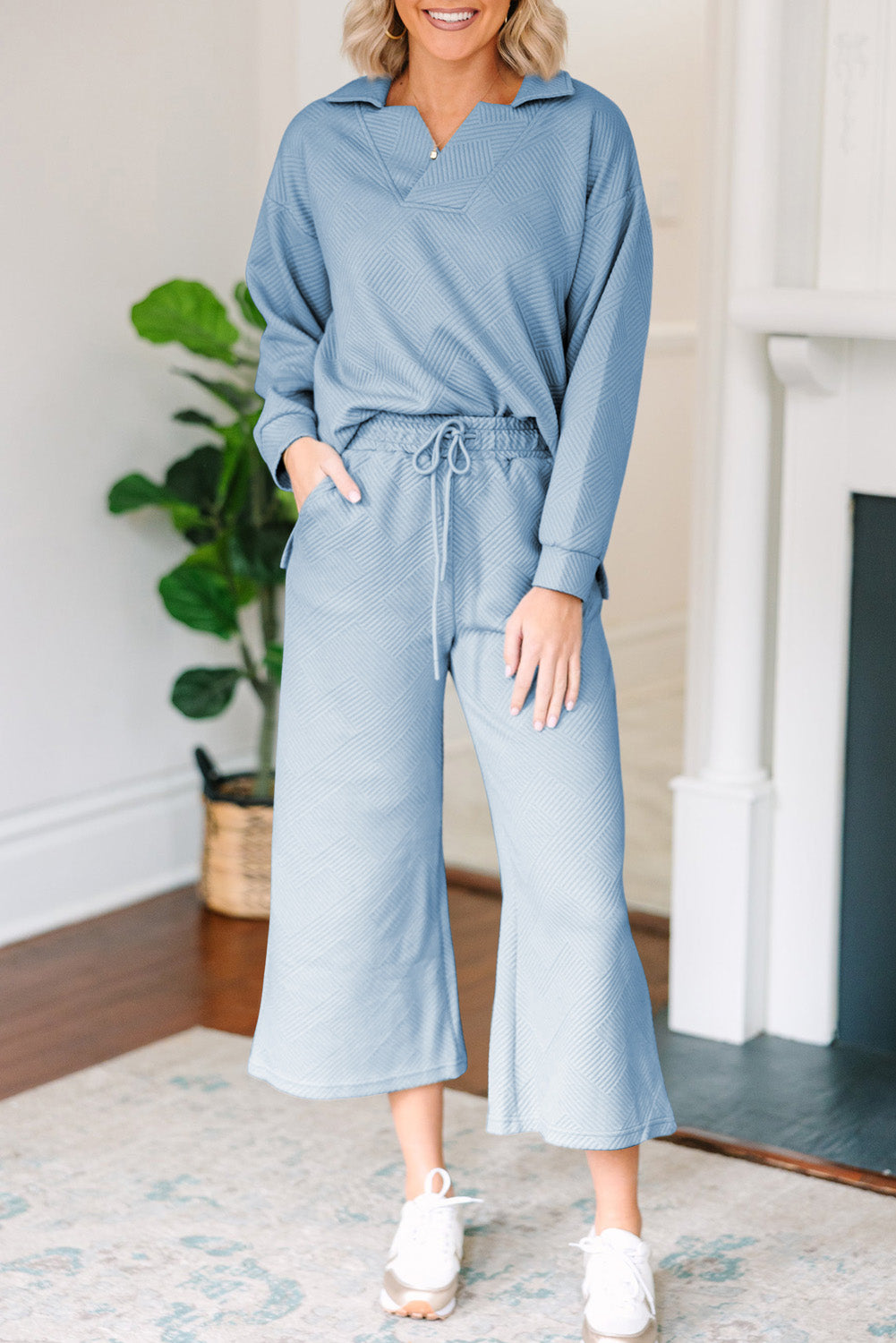 Textured Collared Neck Top and Wide Leg Pants Set