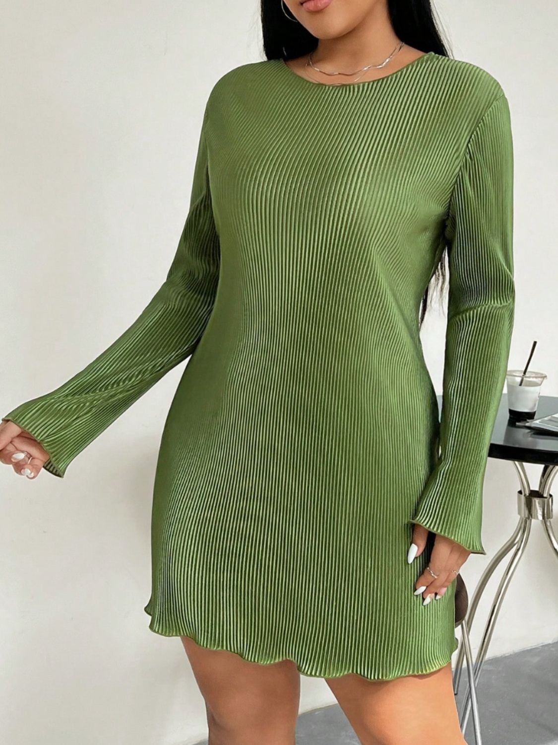 Honey Plus Size Lettuce Hem Round Neck Long Sleeve Mini Dress