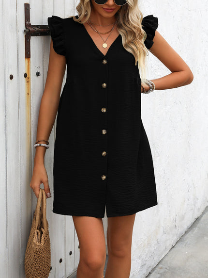 Button Up V-Neck Cap Sleeve Mini Dress