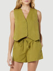 Button Up V-Neck Top and Pocketed Shorts Set