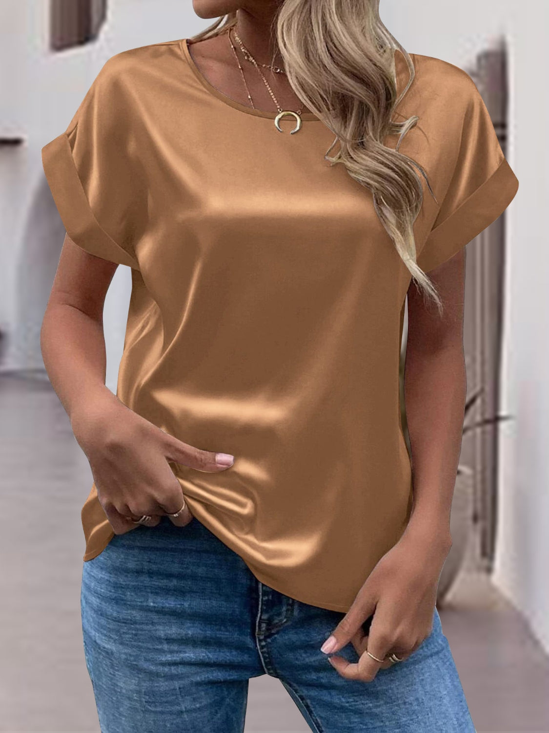 Round Neck Short Sleeve Blouse