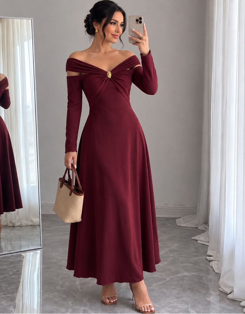 Off-Shoulder Long-Sleeve Maxi Dress