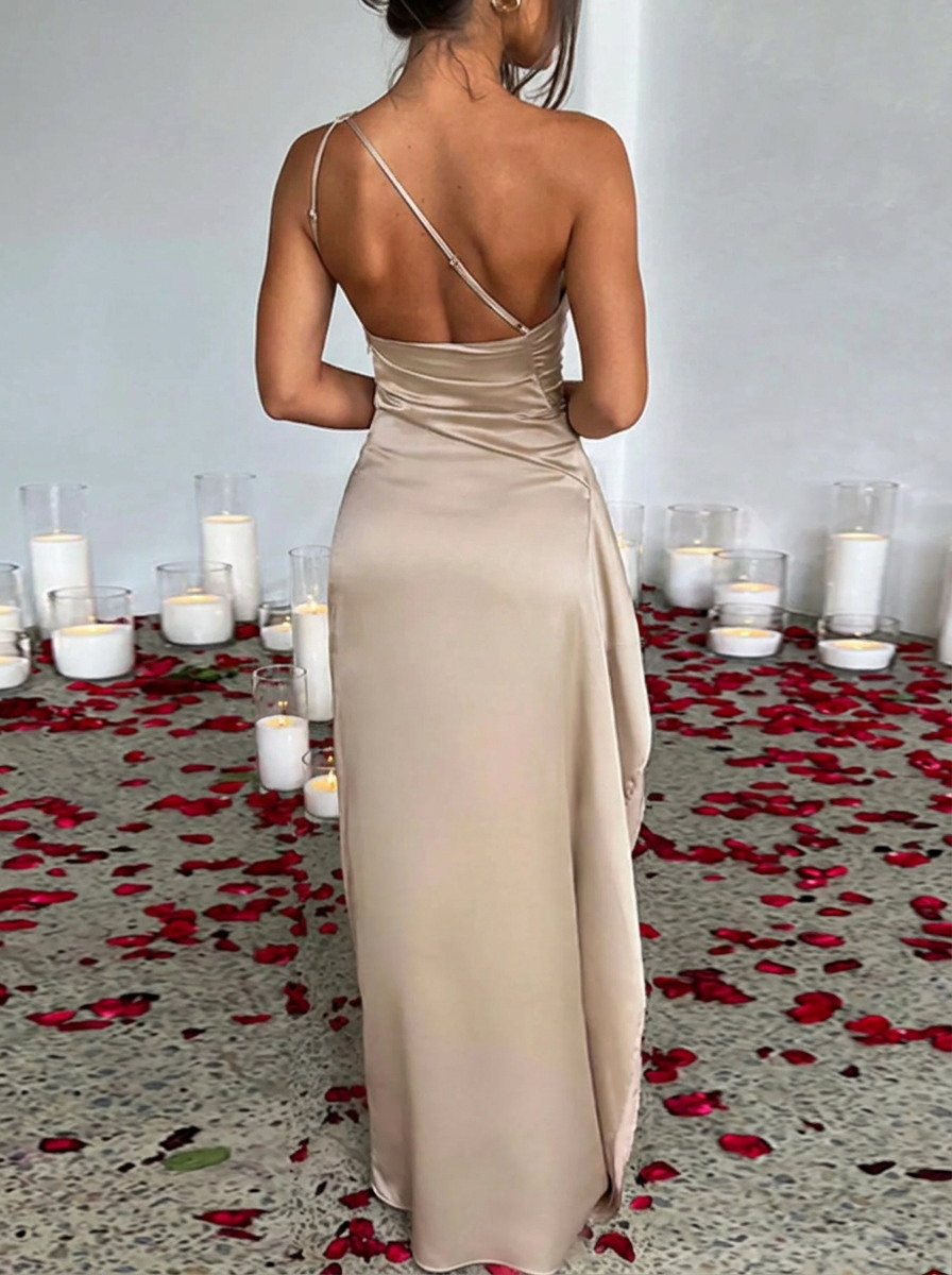 One Shoulder Satin Dress with High Slit