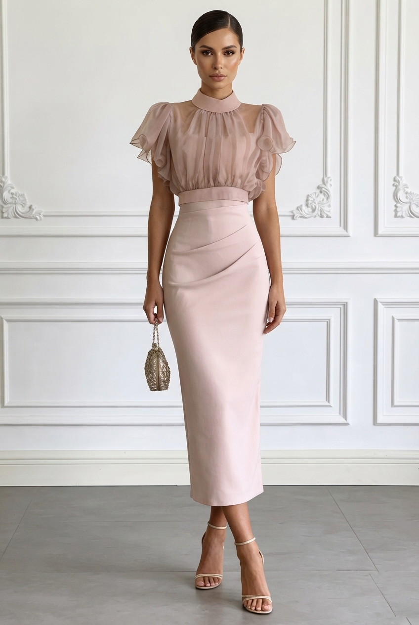 Sheer Ruffle Sleeve Midi Dress
