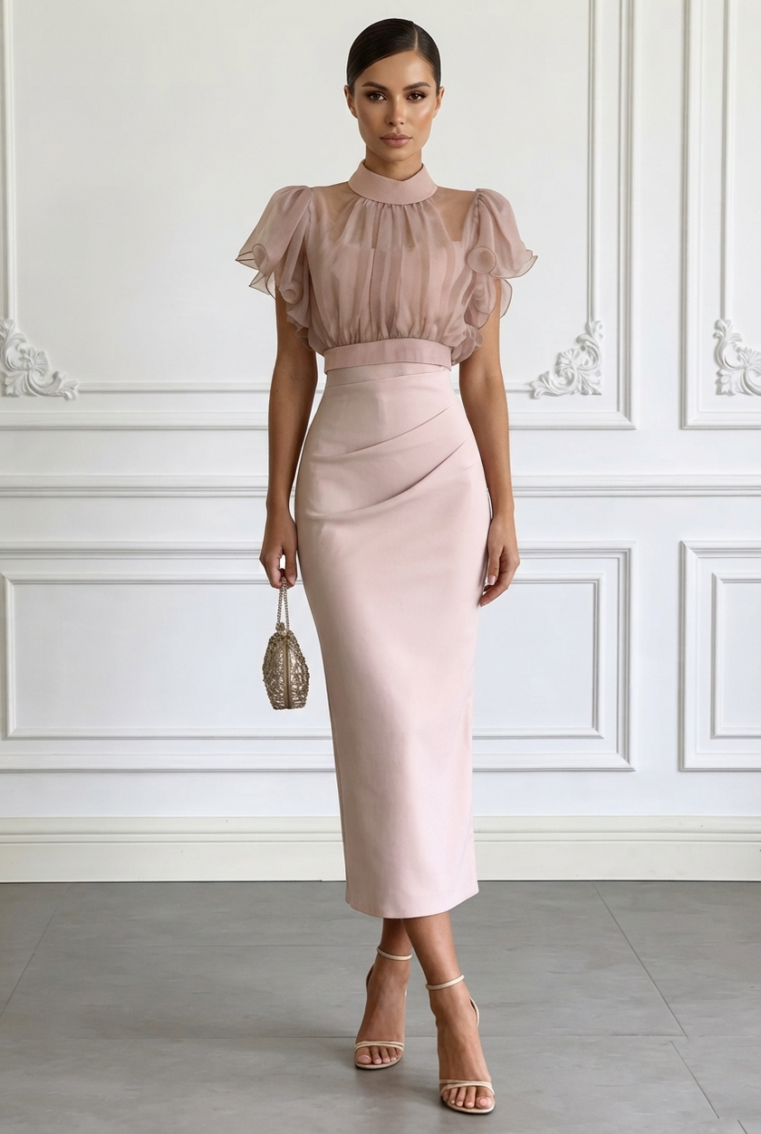 Sheer Ruffle Sleeve Midi Dress